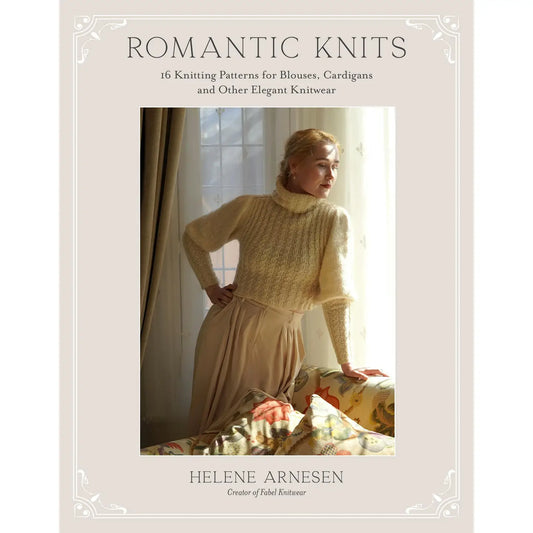 Book cover of 'Romantic Knits' by Helene Arnesen featuring a woman in a knitted sweater.