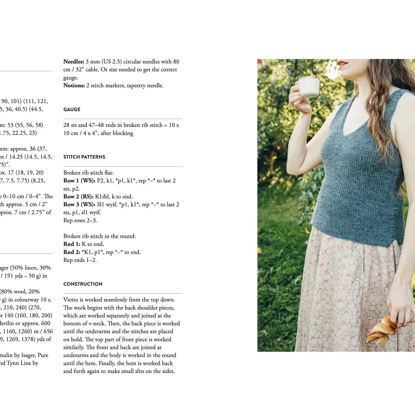 Text on knitting instructions with a person wearing a knitted top outdoors.