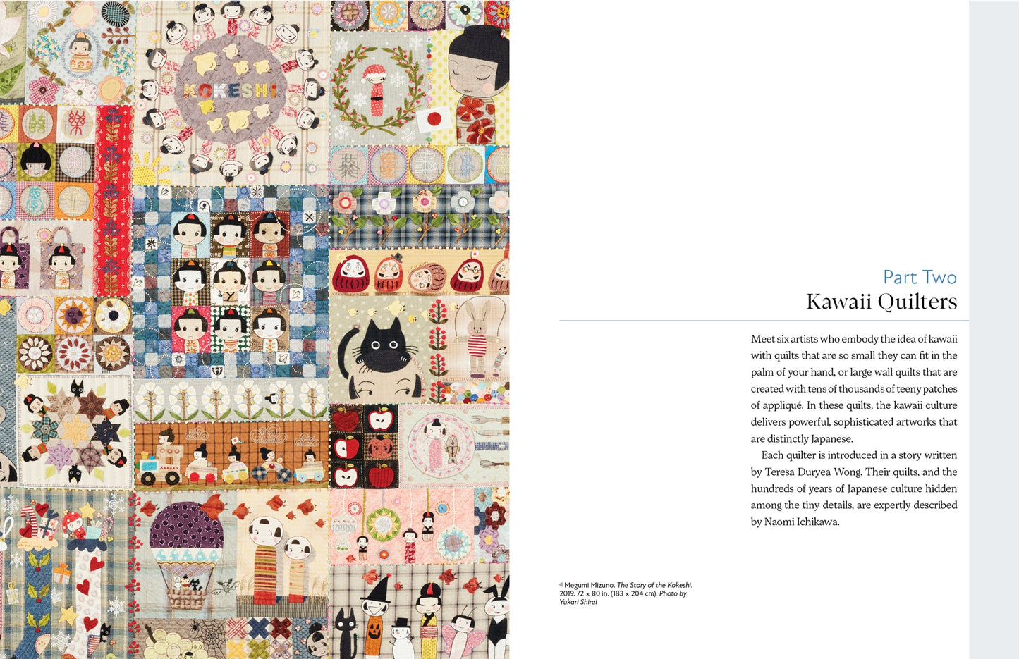 Colorful quilt with various patterns and characters, featuring text about 'Kawaii Quilters'.