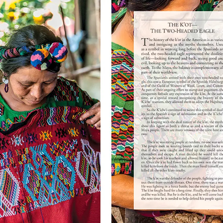 A Guatemalan weaver showing a weaving pattern on red cloth