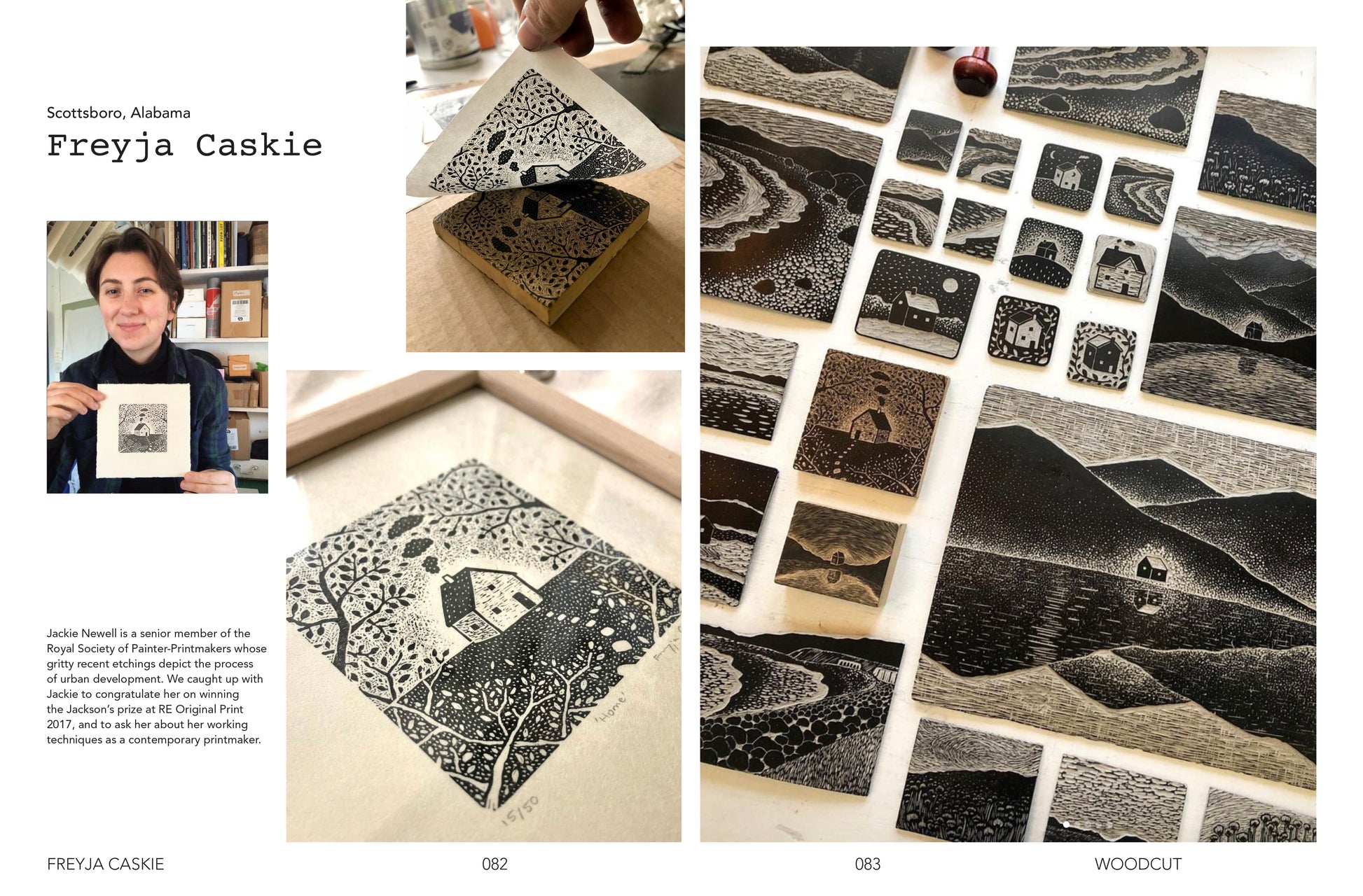 Collage of Freyja Caskie's artwork, including prints and a person holding a framed piece.