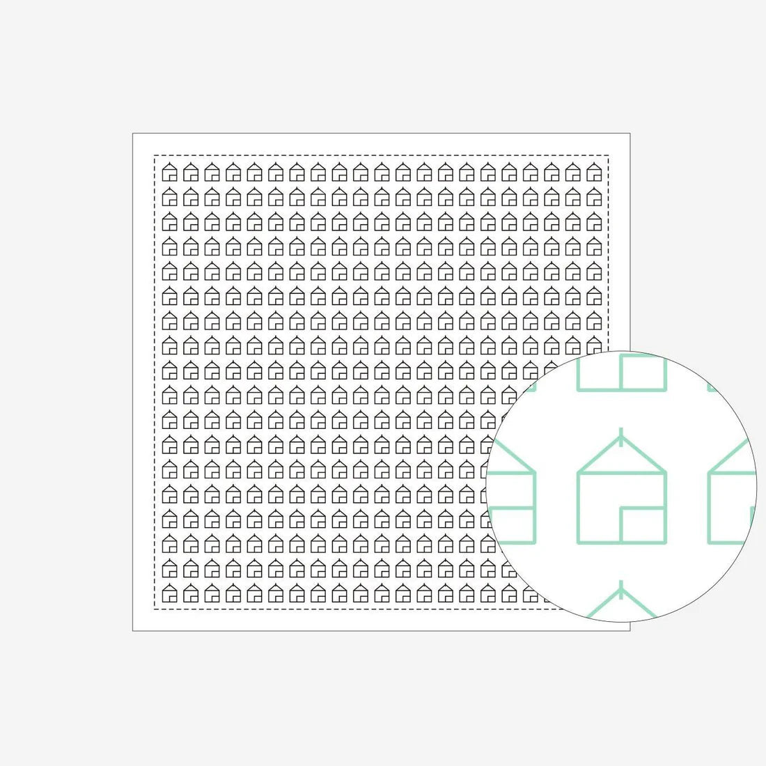 a sashiko design of triangular rood houses on a white cloth